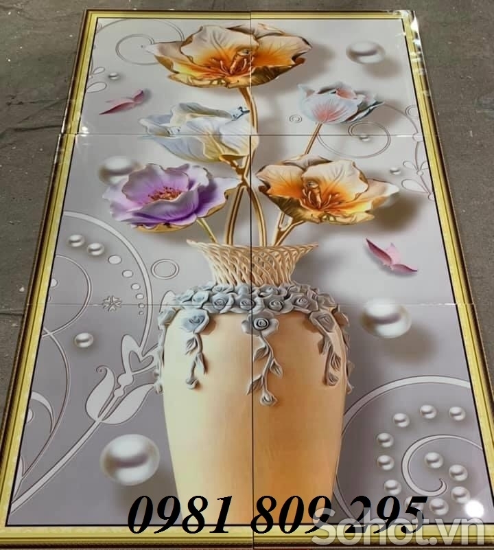 Tranh gạch 3d bình hoa sen trắng