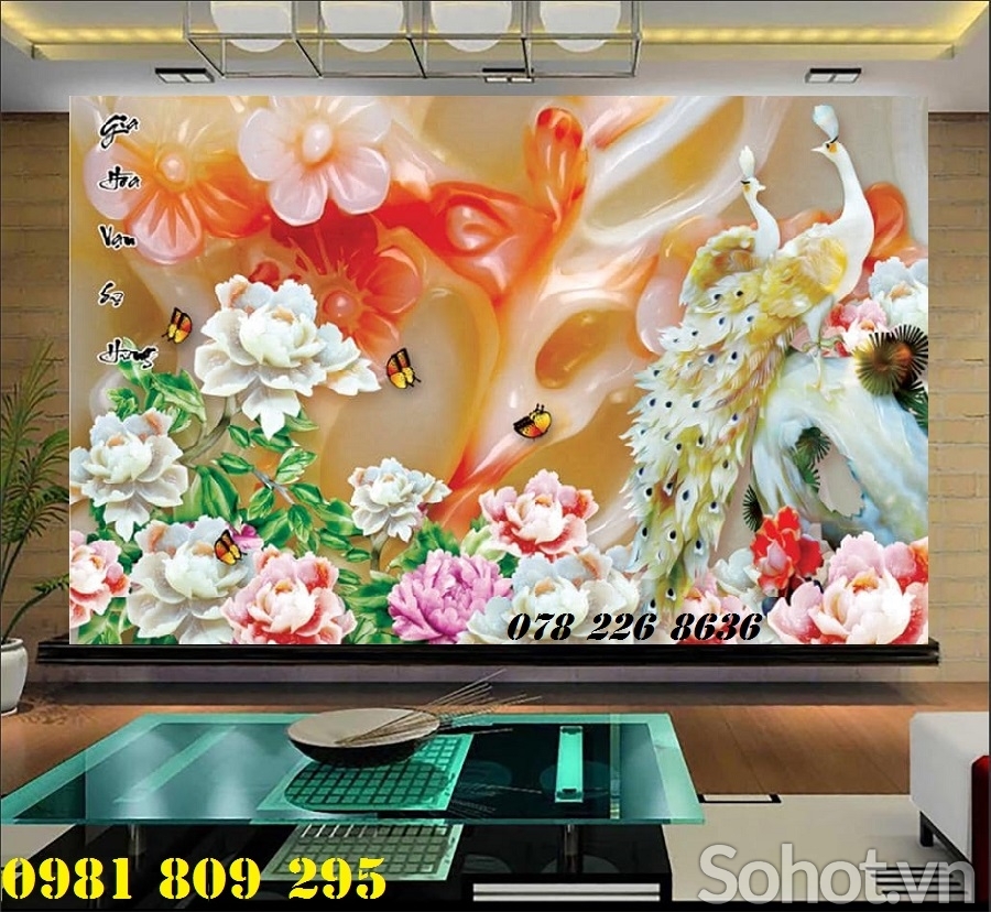 Tranh chim công hoa mẫu đơn- Gạch 3d