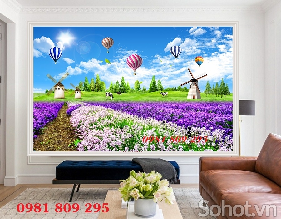 Tranh phong cảnh - tranh gạch 3d cánh đồng hoa tím