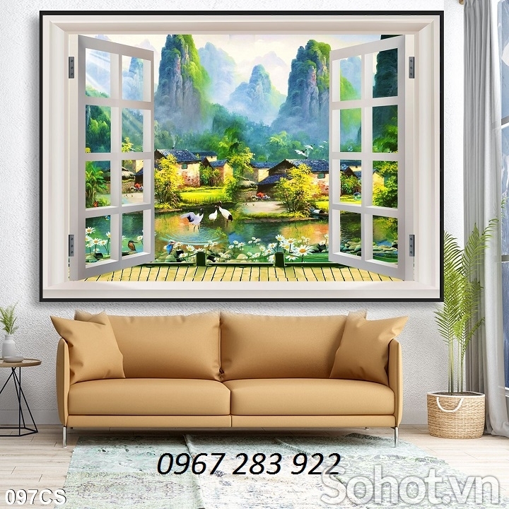 Tranh tường phòng khách cửa sổ phong cảnh đẹp