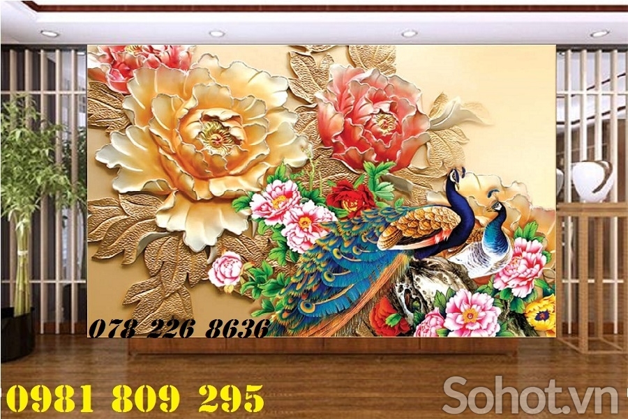 Tranh chim công 3d - tranh gạch 3d chim công