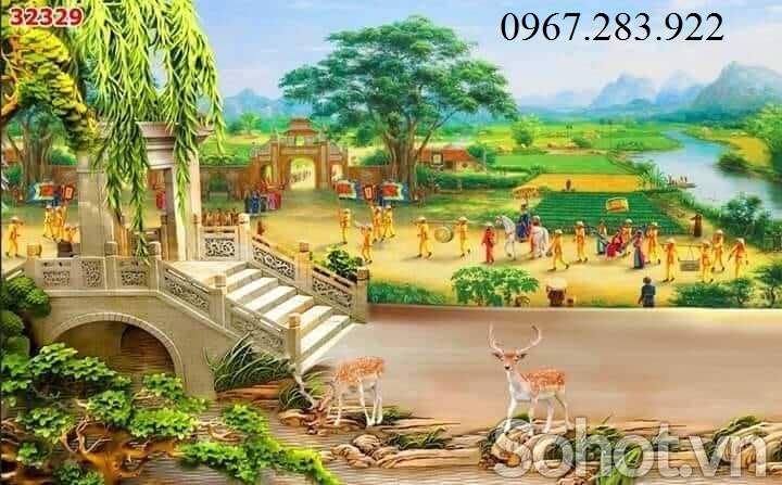 Gạch tranh phong cảnh làng quê 3d