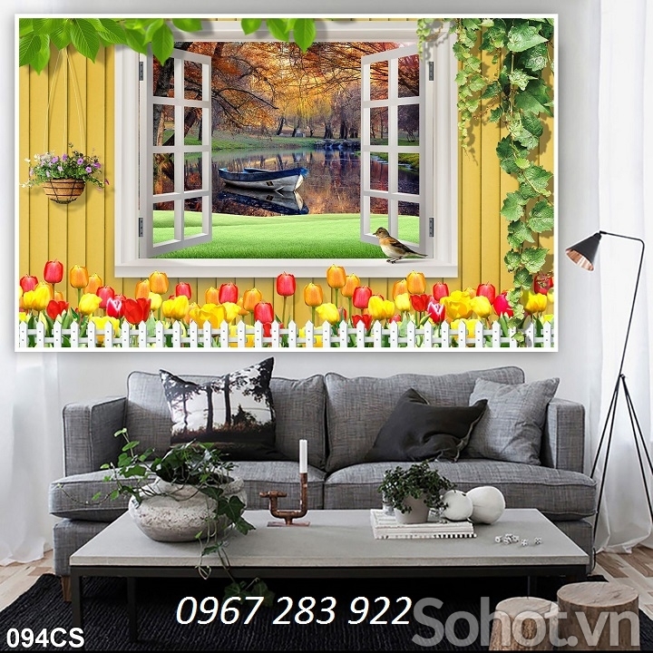 Tranh tường phòng khách cửa sổ phong cảnh đẹp