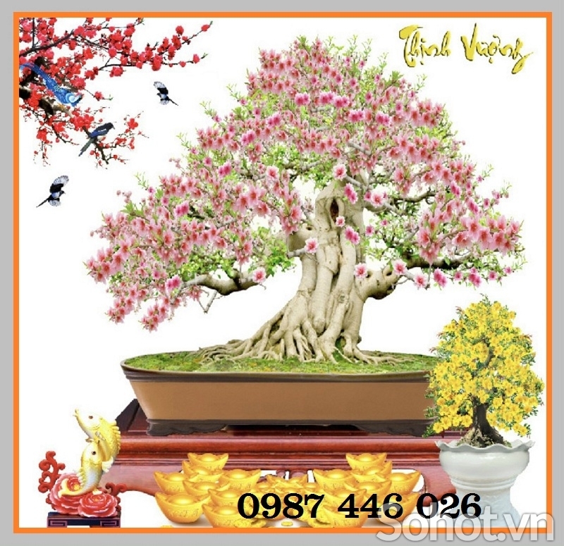 Gạch tranh 3d chậu hoa đào HO2722