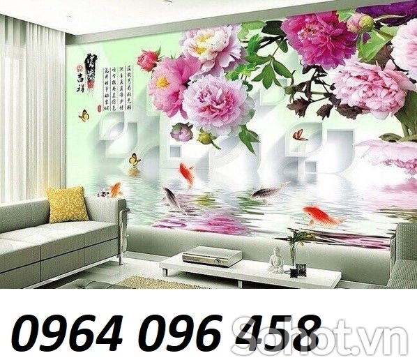 Gạch tranh cá chép hoa mẫu đơn 3d phong thủy - SCCV8