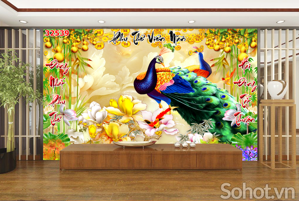 tranh phong thủy chim công, gạch 3D trang trí tường