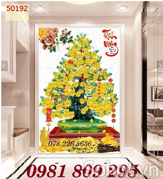 Tranh gạch ốp tường hiên sảnh hoa mai