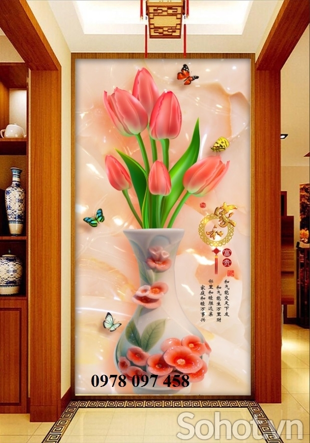 Gạch tranh dán tường họa tiết bình hoa