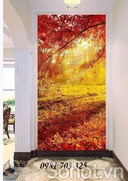 Tranh phong cảnh mùa thu lá vàng, gạch tranh 3D
