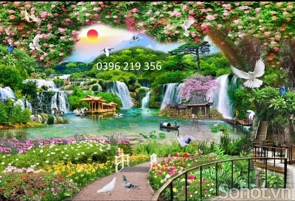 Tranh gạch men 3d trang trí tường Phong cảnh , thác nước