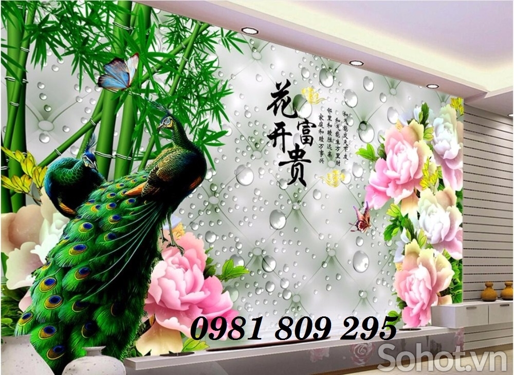 tranh gạch 3d - tranh chim công sứ ngọc