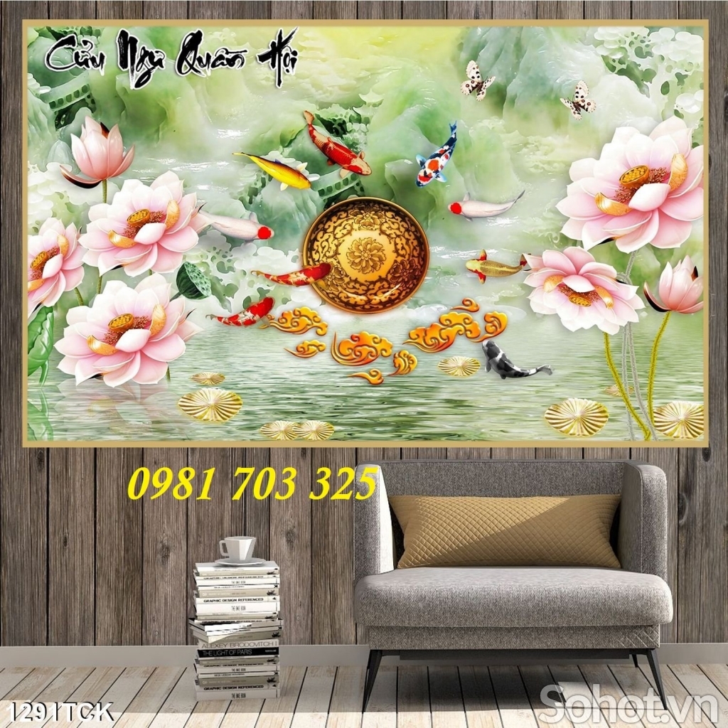 Tranh gạch phong thủy 3D hoa sen cá chép