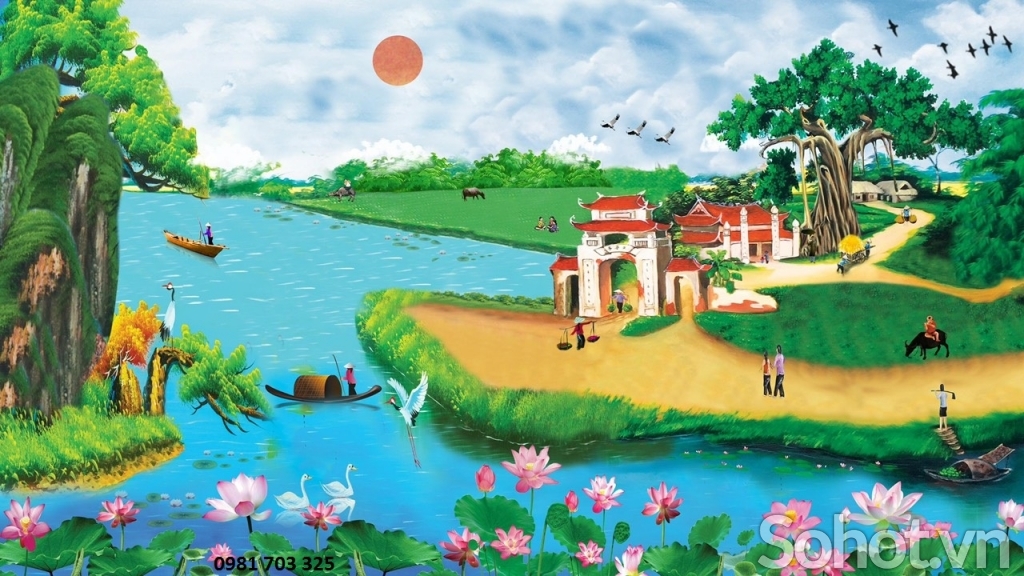 Gạch tranh đồng quê trang trí phòng khách