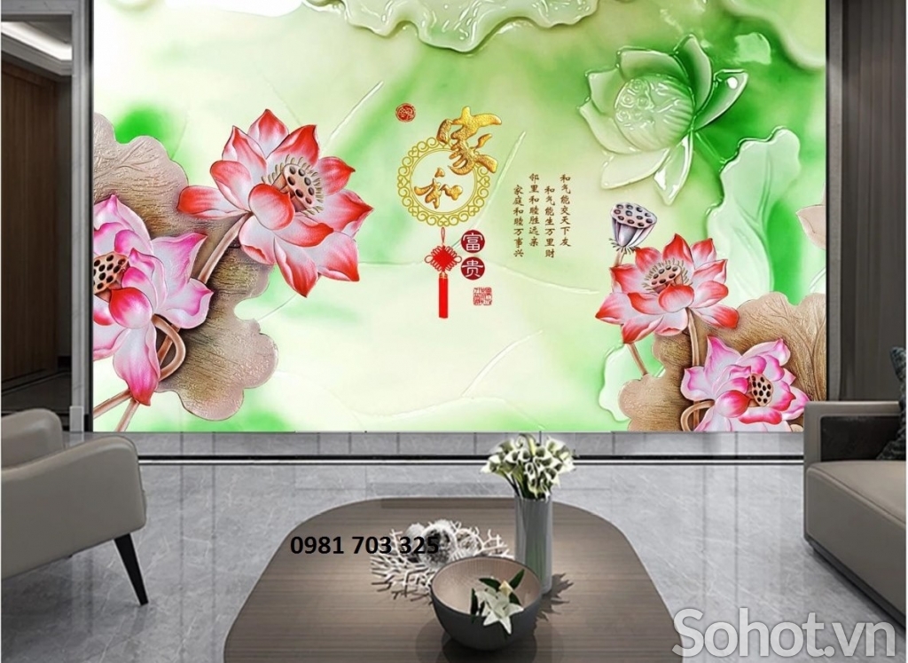 Tranh gạch men 3D phòng khách- tranh hoa sen