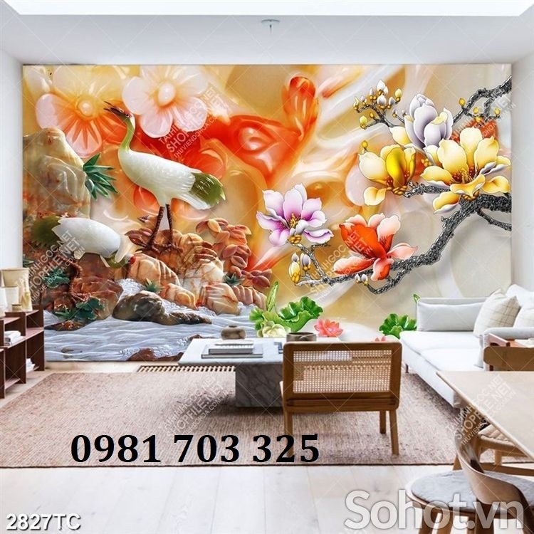 Tranh chim hạc, gạch men 3D ốp phòng khách