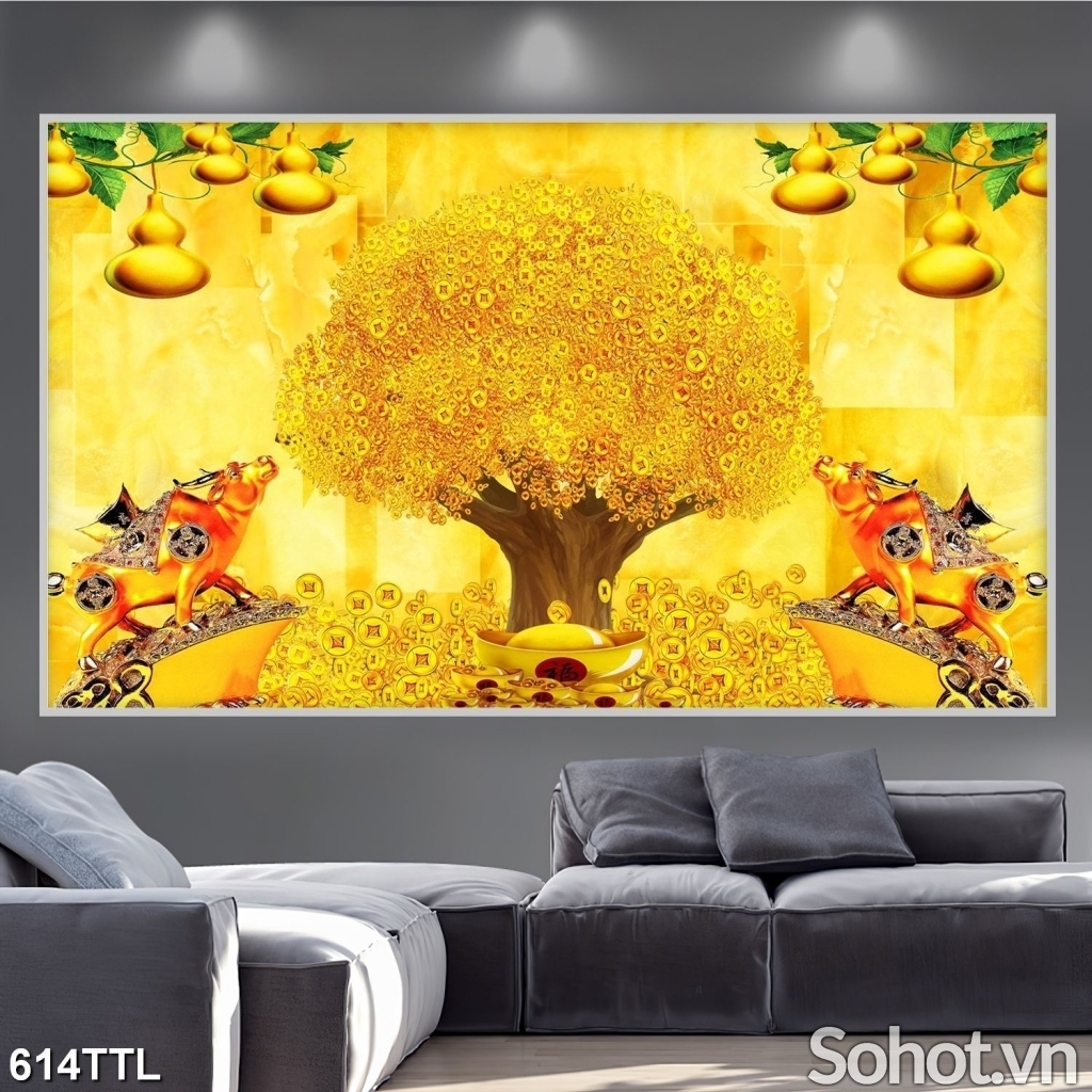 Tranh gạch 3d cây tiền vàng -
