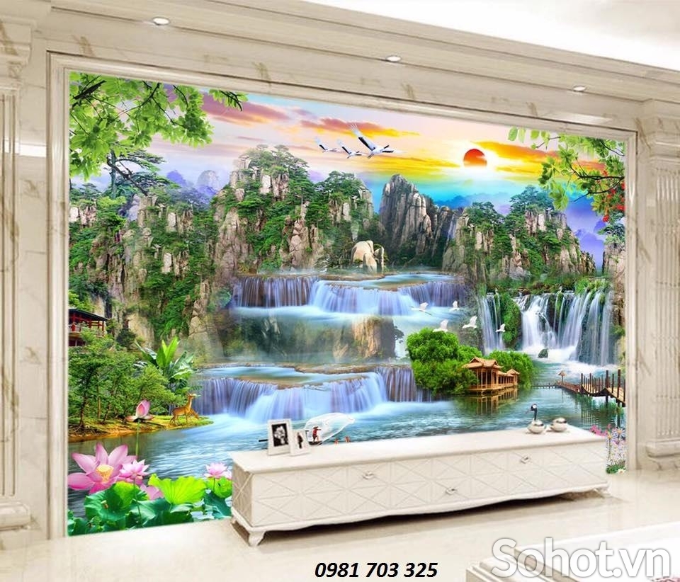 Tranh gạch 3D đẹp thác nước lớn