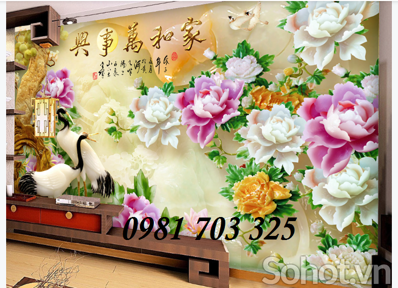 tranh 3D hoa mẫu đơn, tranh gạch ốp tường