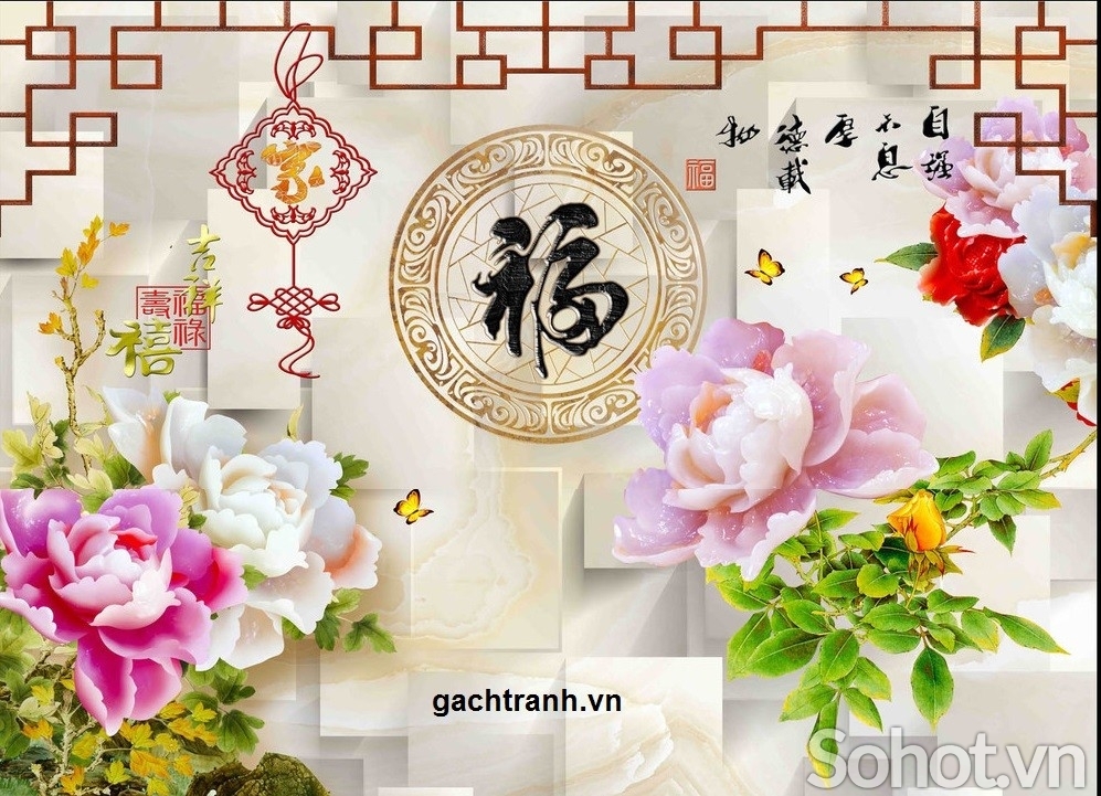 Tranh gạch 3d ốp tường hoa mẫu đơn phong thủy - DXBBV73