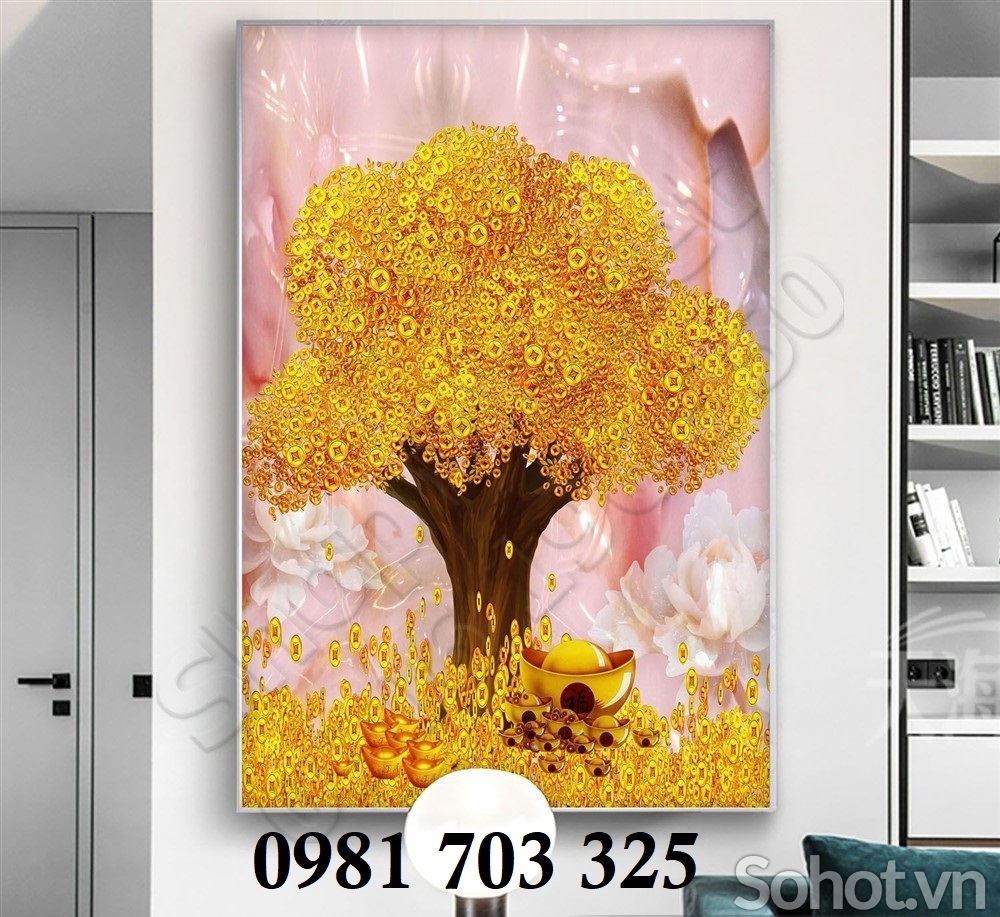 Tranh gạch cây kim tiền vàng 3D