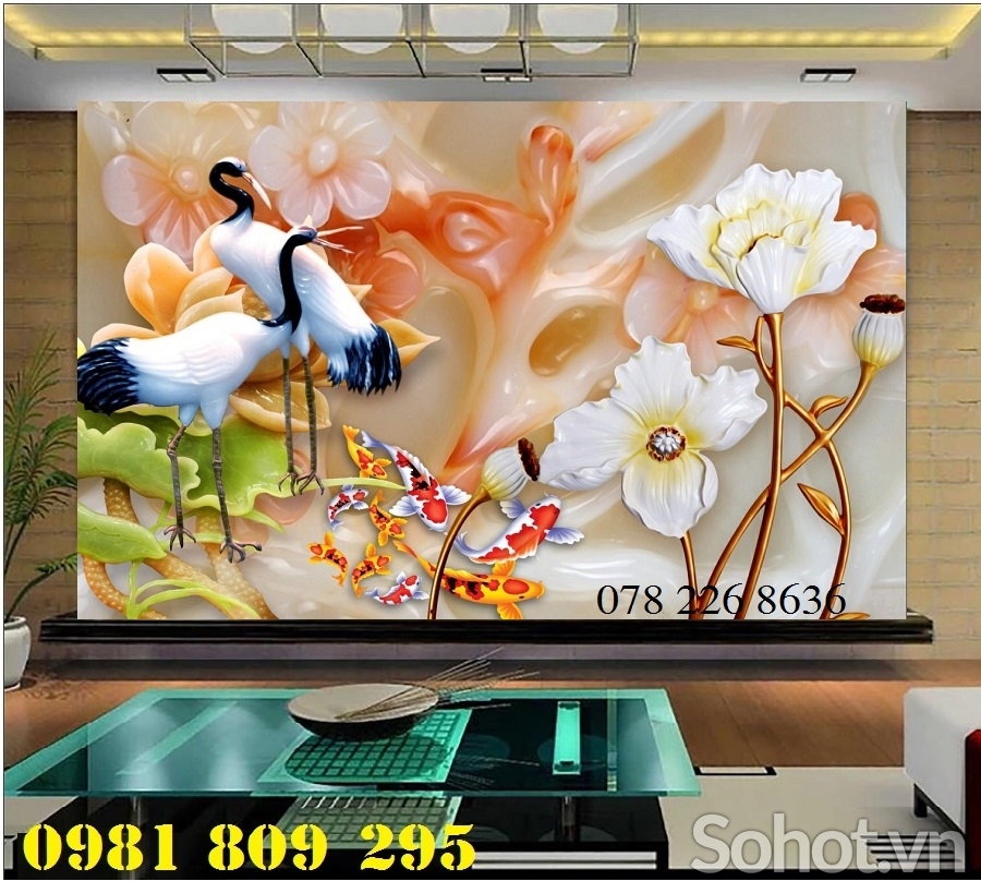 Tranh gạch men -hoa sen - gạch 3d cá chép