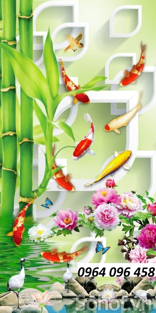 Tranh gạch 3d cá chép hoa mẫu đơn - MXV42