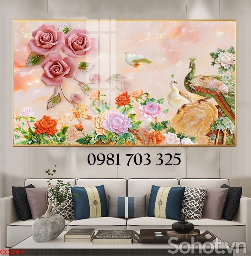 Tranh phong thủy, gạch tranh 3D 2 con chim công