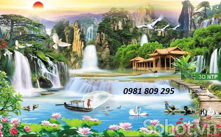 mẫu tranh gạch men 3d thác nước