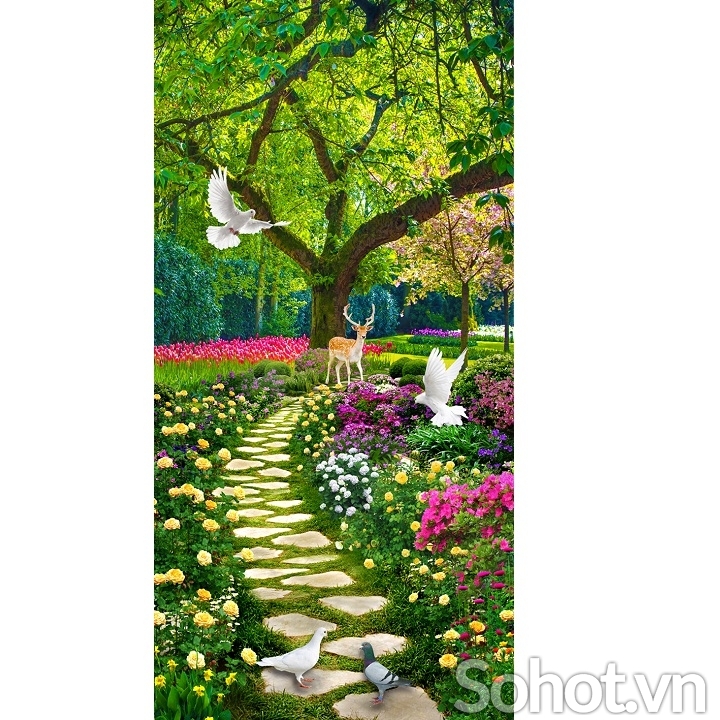 Gạch tranh ốp tường phong cảnh vườn hoa