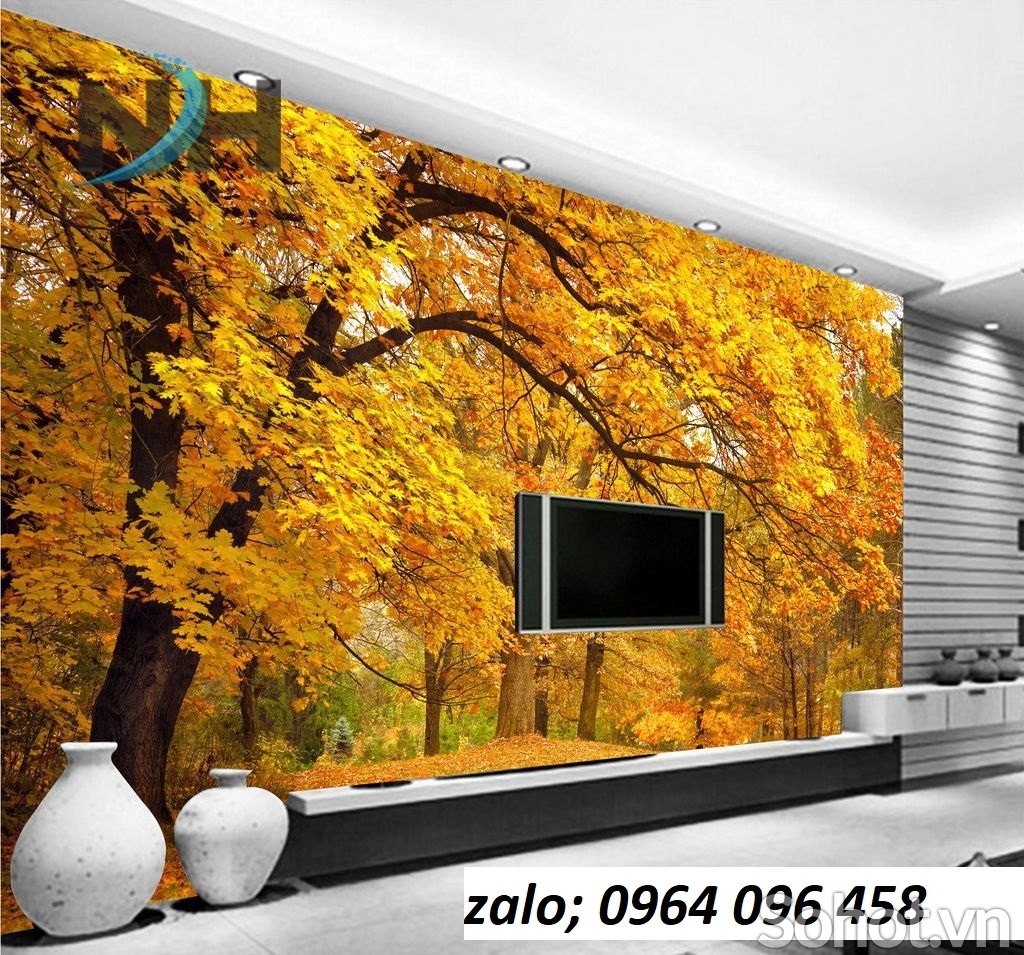 Tranh 3d - gạch tranh 3d ốp tường cây lá vàng - KCGV6