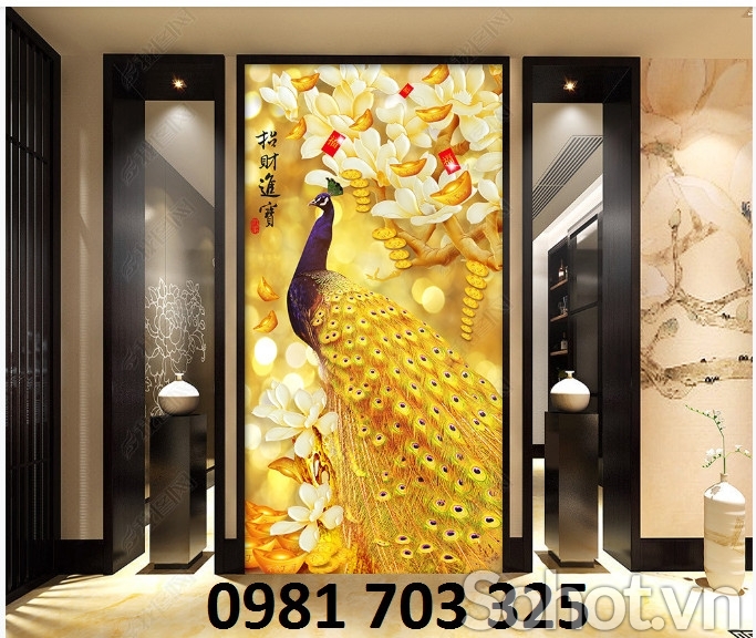 Gạch tranh khổ đứng đẹp chim công 3d