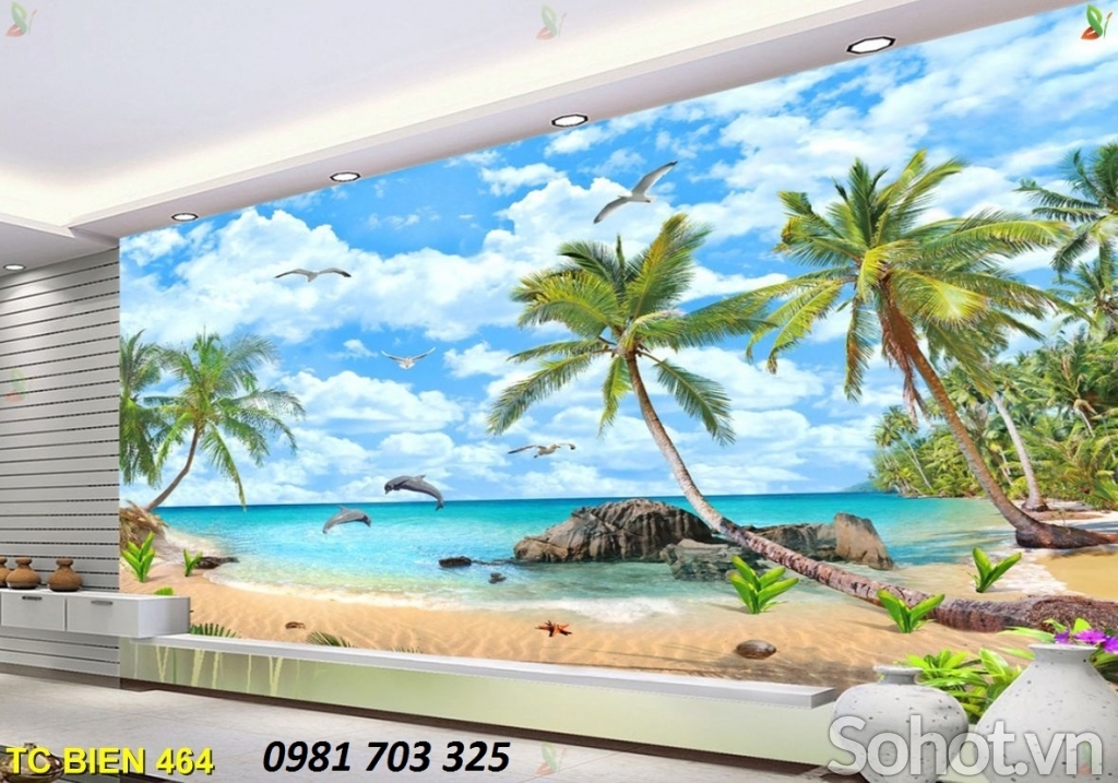 Tranh gạch 3D bãi biển trang trí phòng