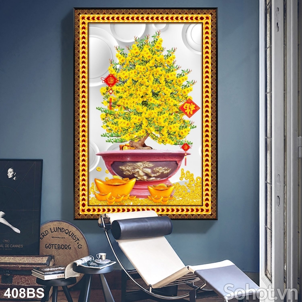 Tranh 3D in họa tiết hoa mai vàng