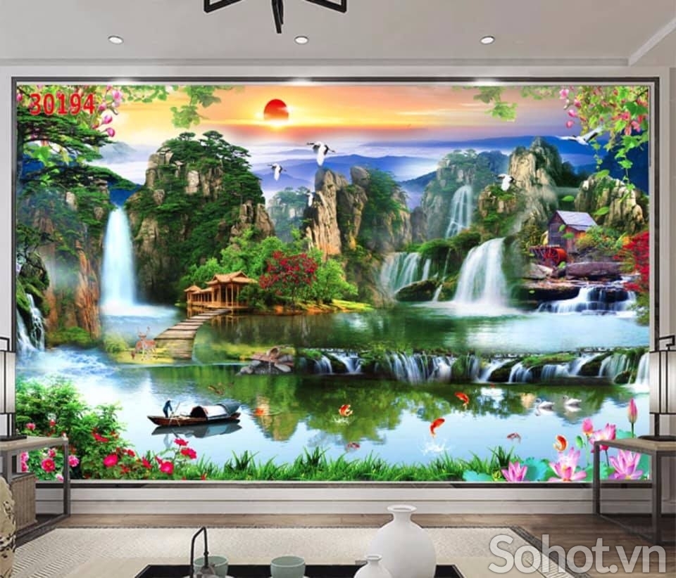 Tranh gạch 3D đẹp thác nước lớn