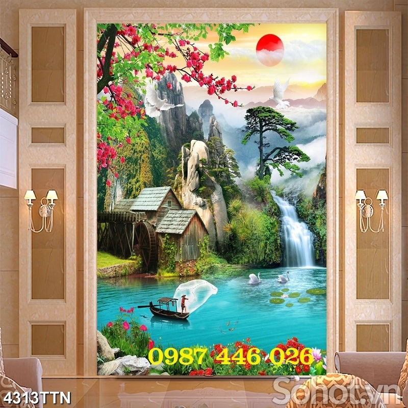 Gạch tranh thác nước phong cảnh 3d HP672