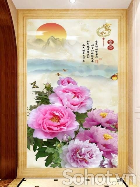 Tranh gạch 3d ốp tường hoa mẫu đơn phong thủy - DXBBV73