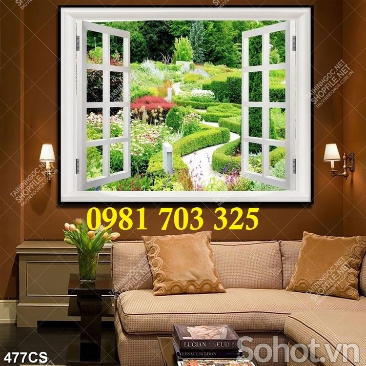 Tranh 3D khung cửa sổ, gạch men trang trí tường