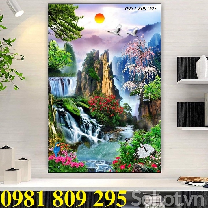 tranh gạch men 3d thác nước khổ đứng