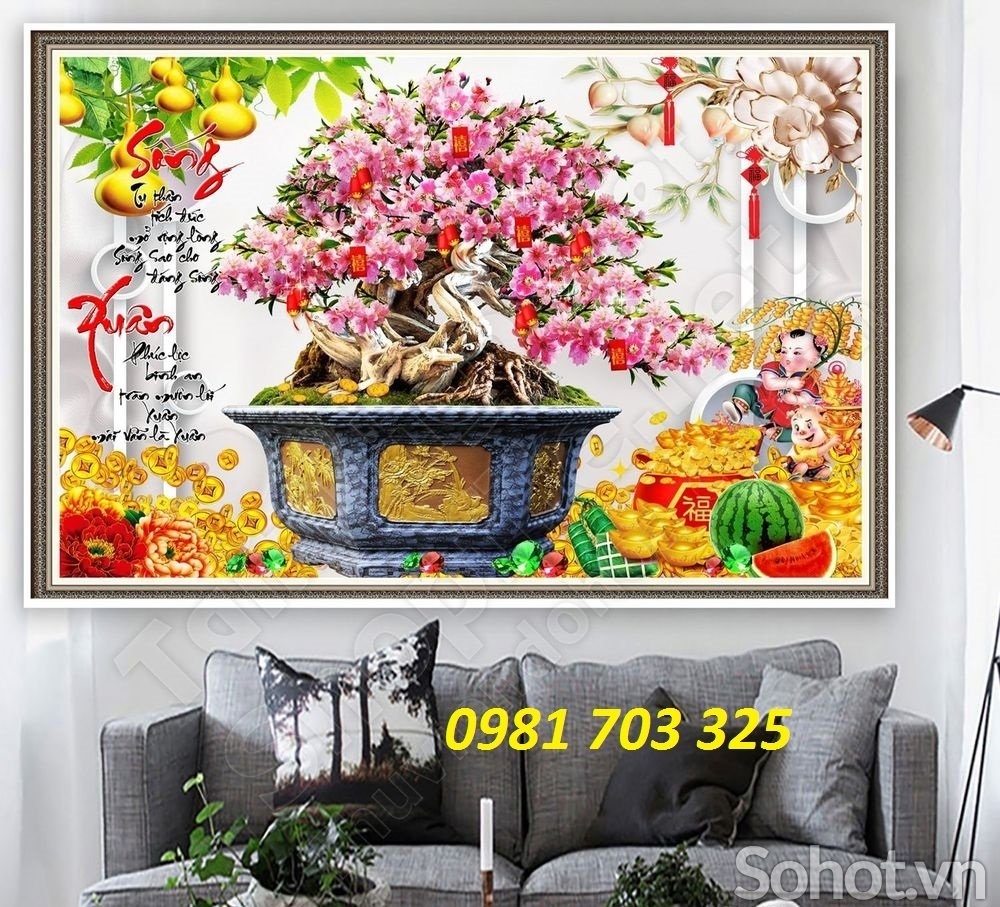 Tranh gạch đẹp 3D hoa đào