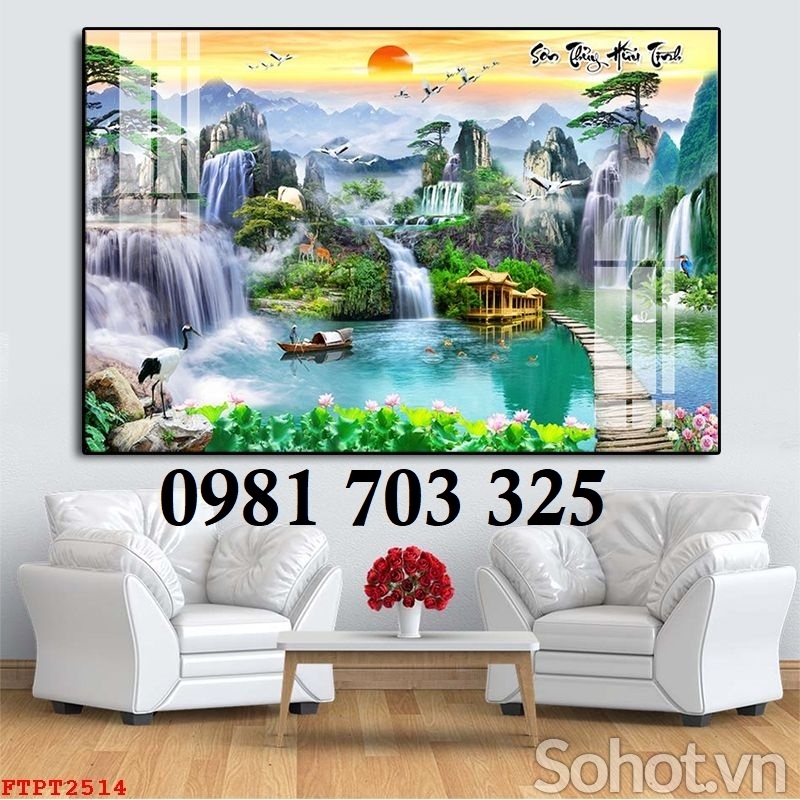 Tranh gạch phong cảnh thác nước son thủy hữu tình