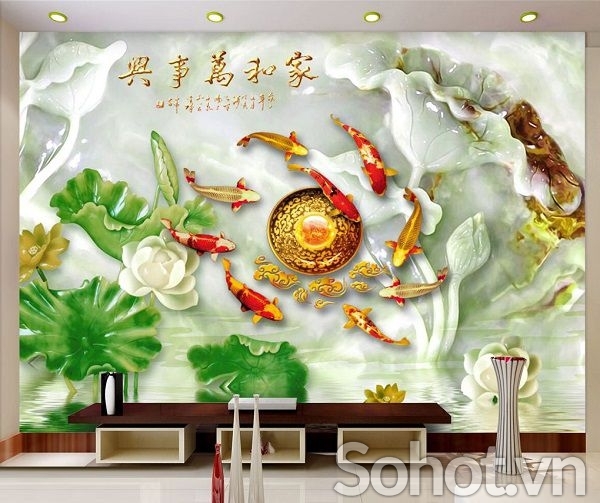 Tranh cá chép hoa sen 3d - tranh gạch 3d ốp tường - XCNNB9
