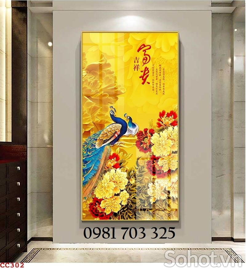 Tranh gạch men chim công ốp tường đứng