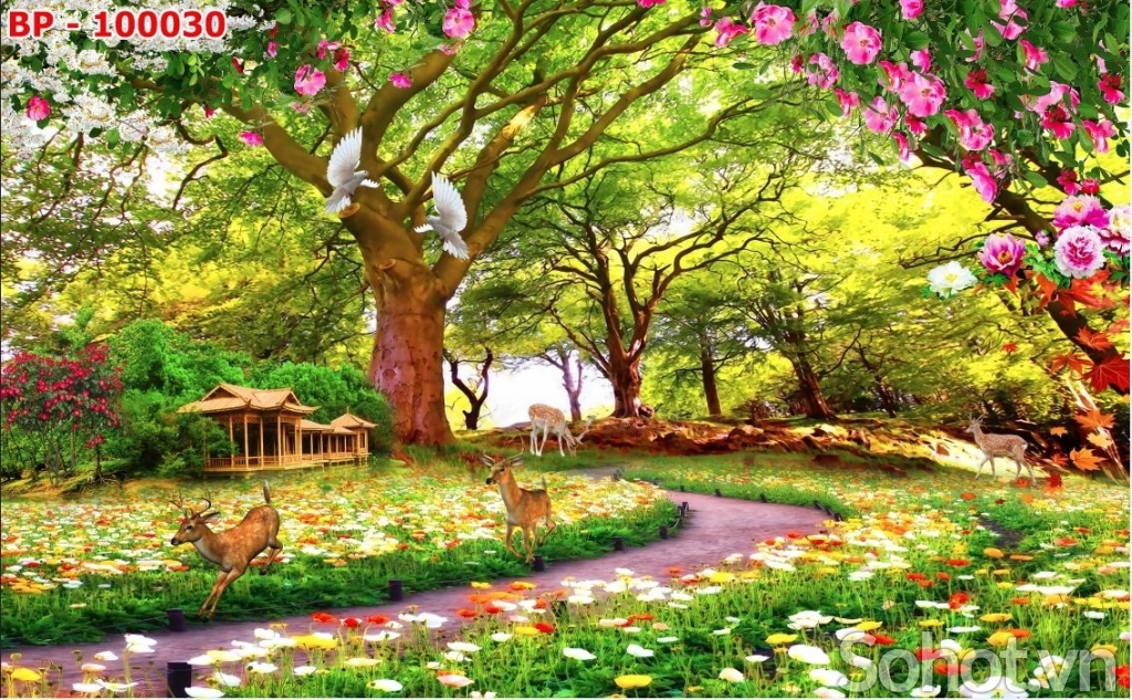Tranh gạch 3d ốp tường phong cảnh vườn hoa thiên nhiên - CV34