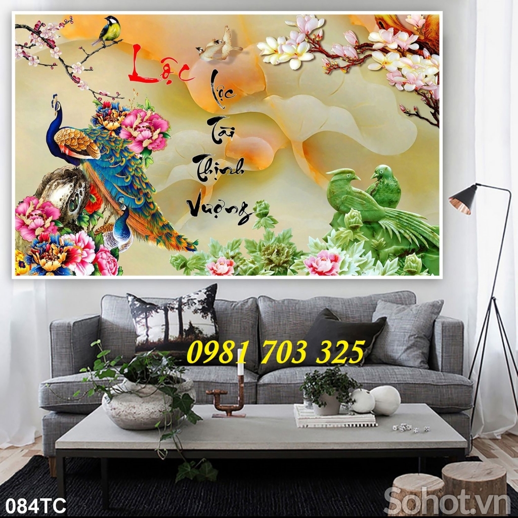 tranh phong thủy chim công, gạch 3D trang trí tường