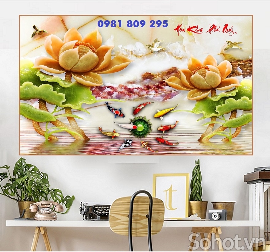 Gạch 3d hoa sen , tranh trang trí ốp tường cá chép