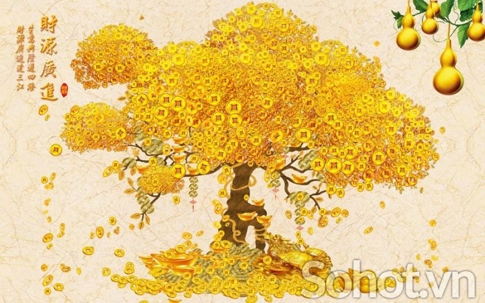 Tranh 3d cây tiền vàng - gạch tranh 3d ốp tường - 33XCC