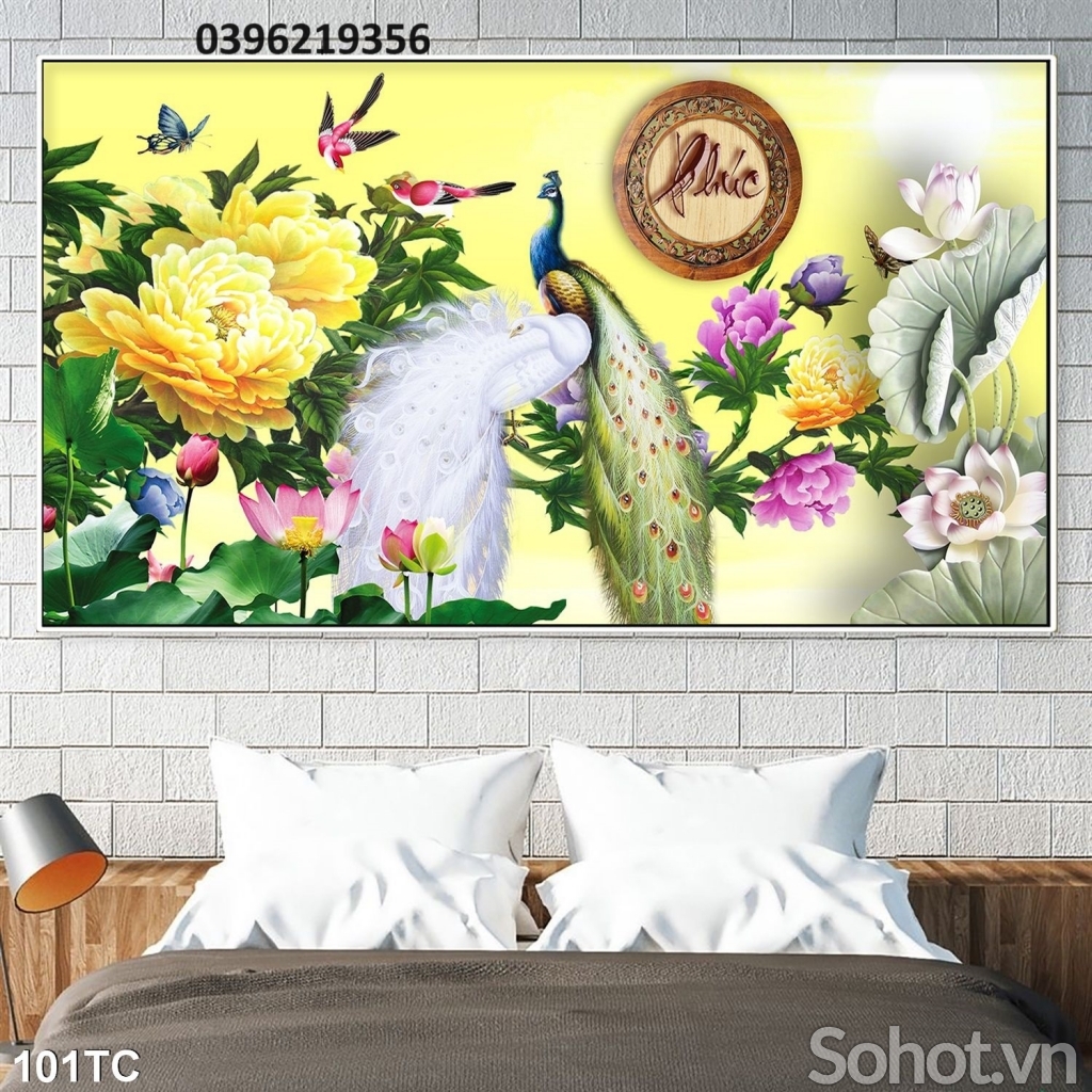 Tranh chim công mẫu đơn trang trí