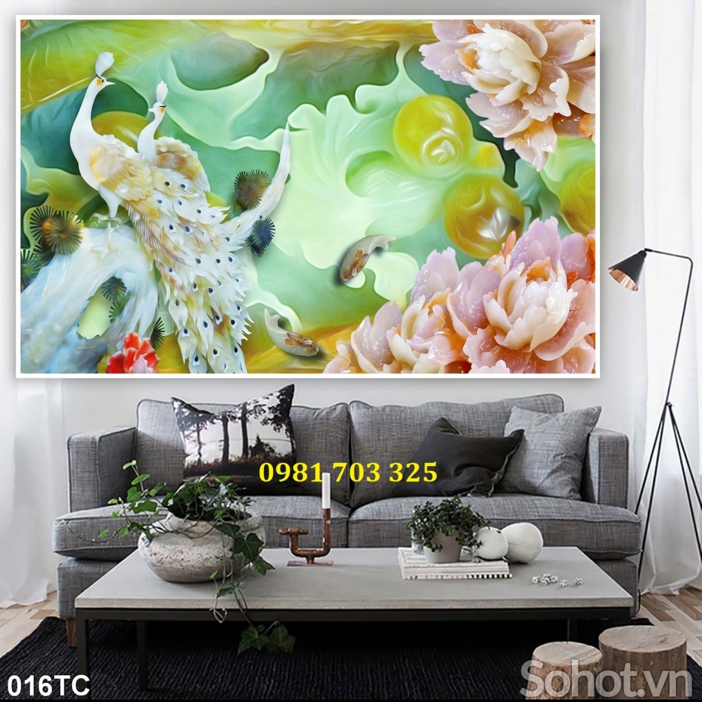 Gạch men chim công dán tường phòng khách