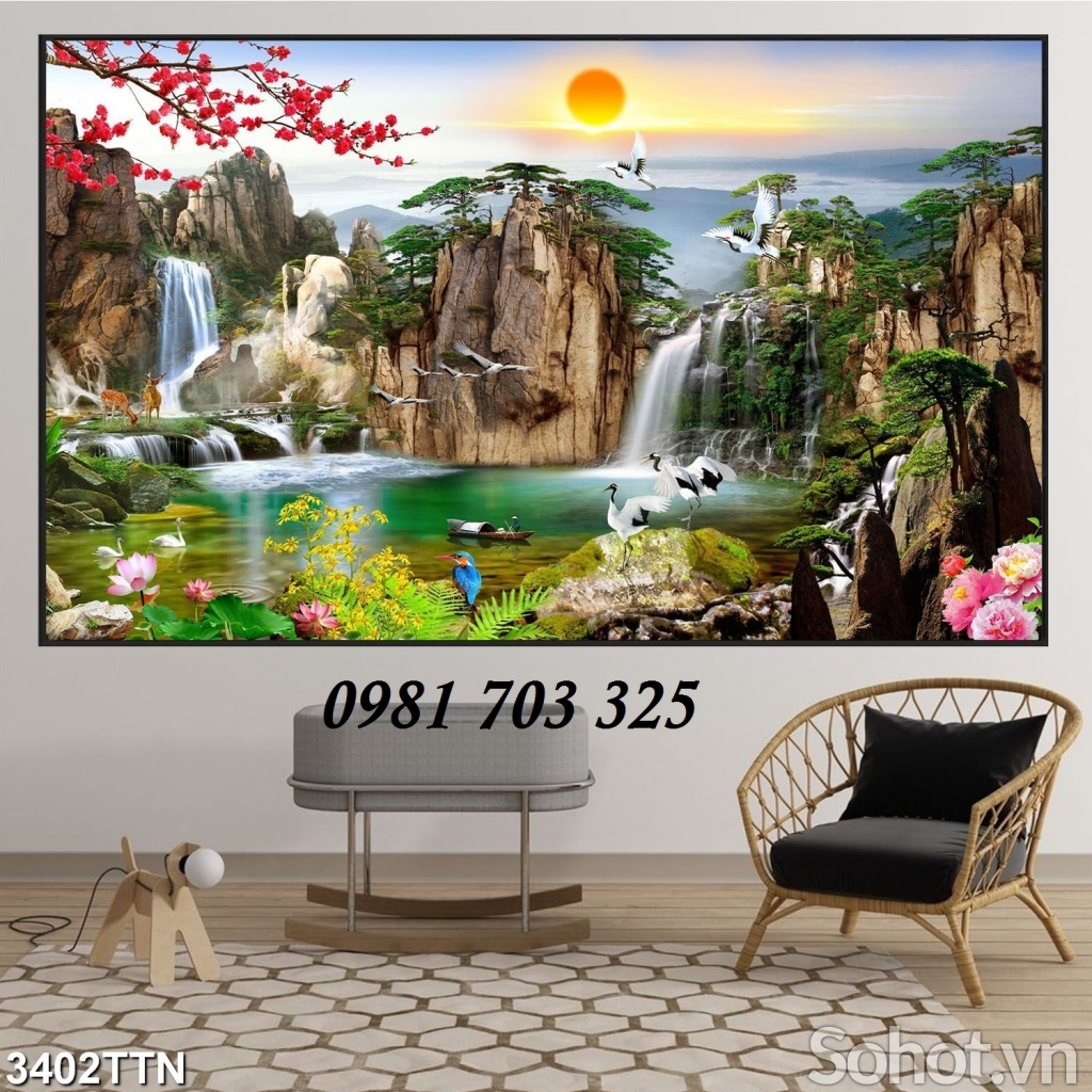 Tranh phong cảnh thác nước- gạch tranh 3D ốp tường