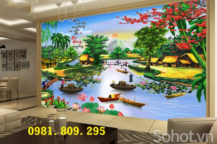 Tranh làng quê, gạch tranh 3d